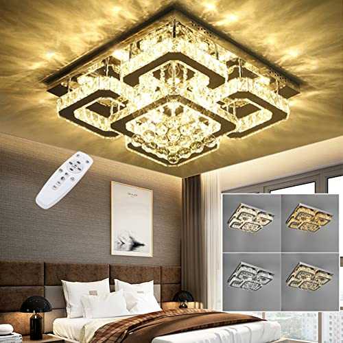 XEMQENER Dimmable Crystal Ceiling Light with 5-Square, 68W LED Crystal Chandelier Light, Flush Mount Ceiling Lamp for Living Room Kitchen Office Bedroom Dining Room(Remote Control, 3000k-6000k)
