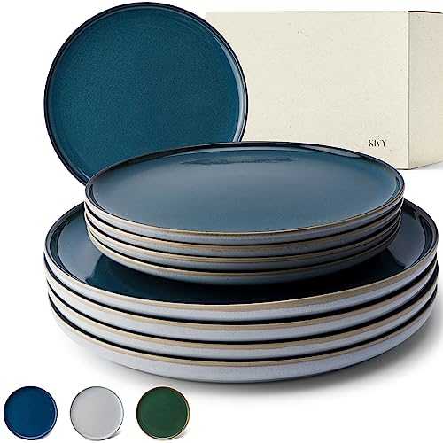 KIVY Stoneware Crockery Set for 4 People [4 x 27 cm + 4 x 22 cm] - Crockery Set - Stoneware Crockery Set - Blue Plate - Dinner Plate - Plate Set - Dinner Service Stoneware - Plate Set