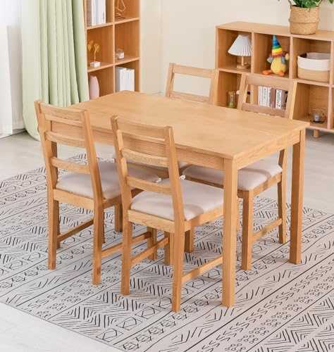 Hallowood Furniture Waverly Oak Small Dining Table and Chairs Set 4, Wooden Dining Table (120x70cm) & Ladder Back Solid Oak Chairs with Beige Seat, Dining Room Set for Home & Cafe
