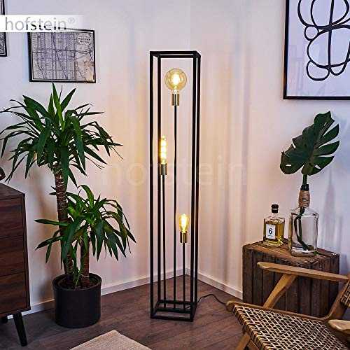Floor lamp Woden in Black with Brass Finish, Industrial Standing Light Fitted with a Foot Switch, Open Design, for 3 x E27 Bulbs max. 10 Watt, LED Suitable