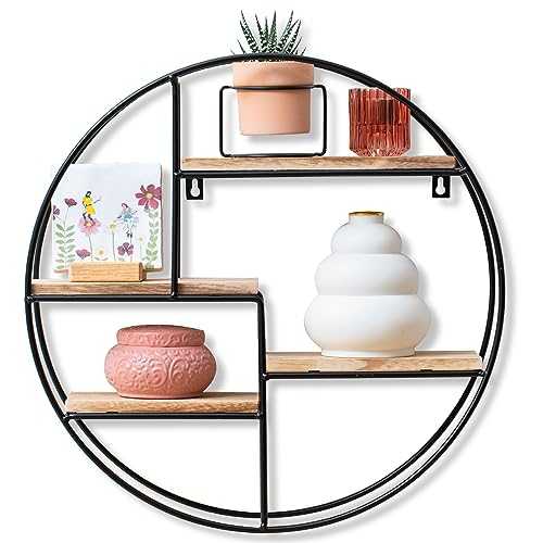 Gadgy ® Wall Shelf Round l with 4 Levels l Floating Shelves wood l 100% Natural Wood & Firm Welded Metal l Scandinavian Industrial Style l Ø 16.5 x 4 inch
