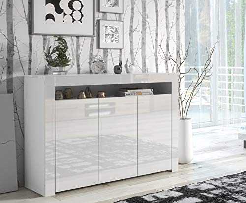 IF Modern Large White High Gloss Sideboard Quality Cupboard Cabinet Unit White High Gloss Top & Doors/White Matt Body LILY