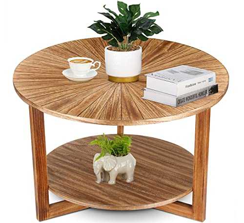 Coffee Tables for Living Room, Small Round Table with Storage, Mid Century Modern Solid Wood Table, Rustic Wooden Circle Center Room Furniture, Brown Tea