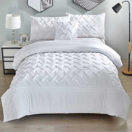 enaaya Pintuck Duvet Cover Set with Zipper Closure - Embroidery and Pinch Pleat Design includes Pillowcases and a Complementary Pin tuck Cushion Case - Set of 4 (White, King)