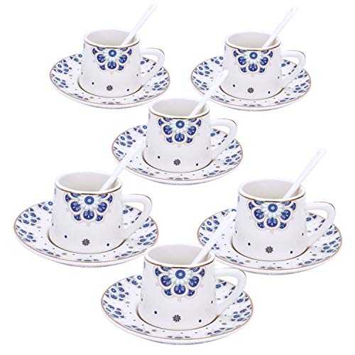 fanquare Blue Flowers Espresso Coffee Cup Set, Plum Blossom Porcelain Coffee Sets, Set of 6 Tea Cups and Saucers Set