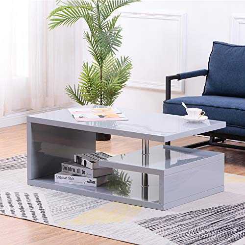 GOLDFAN High Gloss Coffee Table Modern Rectangular Sofa Side Table with 2 Tier Storage Shelf Center Tea Table for Living Room Home Office, Grey
