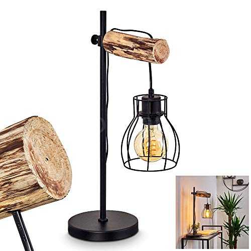 Table lamp Gondo in Wood and Black Metal, Adjustable Pendant Desk lamp, Retro-Industrial Style, with Switch on The Cable, for 1 x E27 Bulb max. 40 Watt, LED-Compatible