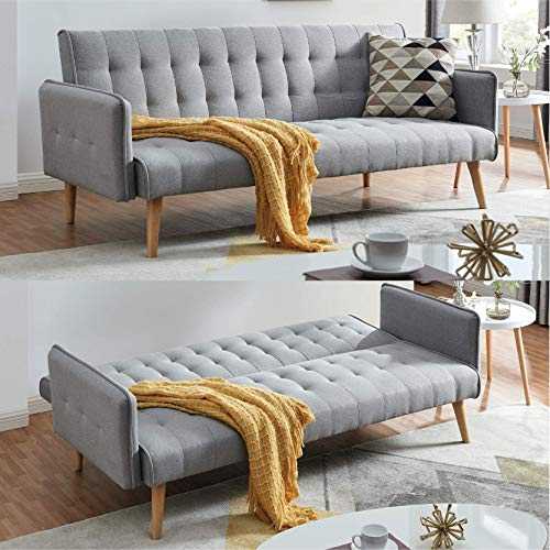 Scandi Scandinavian Style Chic Contemporary Light Charcoal Comfortable Three Seater Sofa Furniture Folding Click Clack Sofa Bed Fabric Cushions Settee Couch Solid Wooden Feet Fashionable Piping Detail