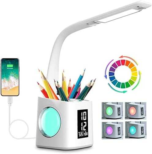 Wanjiaone study led desk lamp with usb charging port&screen&calendar&color night light, kids dimmable led table lamp with pen holder&alarm clock, desk reading light for students,10W 2A