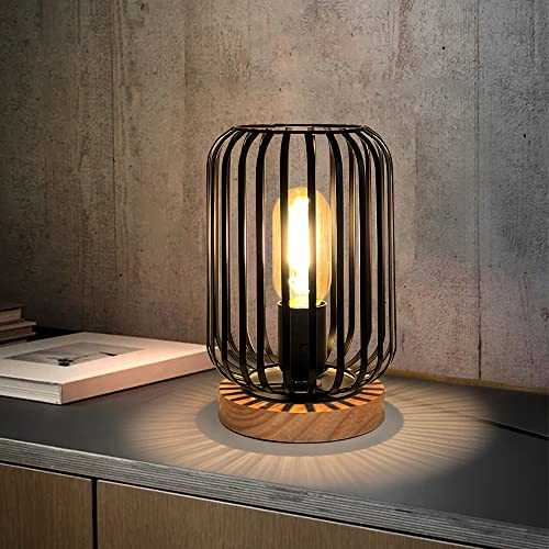 HHMTAKA Metal Cage LED Bedside Table Lamp Wooden Base Desk Lamp 22cm High Decorative Bedside Lamp with Edison Bulb for Bedroom Living Room Guest Room Weddings Parties Patio