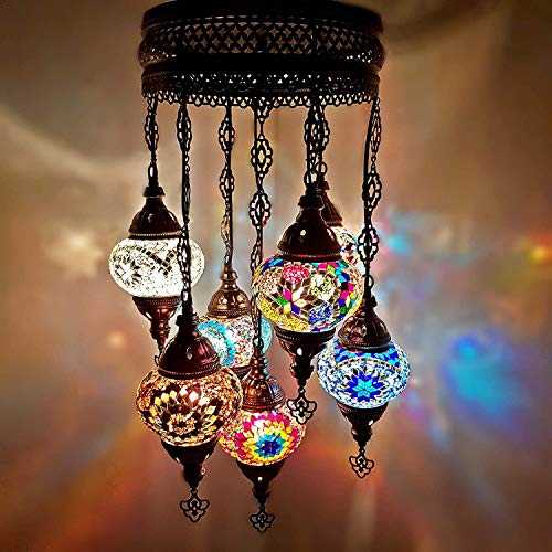 World Home Living Handmade Turkish Moroccan Arabian Eastern Bohemian Tiffany Style Glass Mosaic Colourful Ceiling Hanging 7 Ball Chandelier Lamps Light CE Approved UK Safety Standard