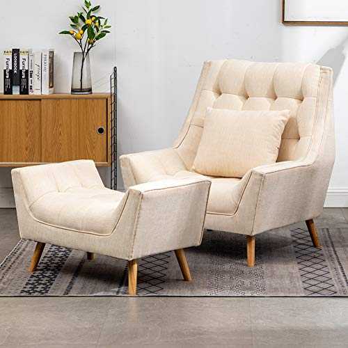 Warmiehomy Modern Linen Fabric Armchair Oversized Fireside Occasional Chair Sofa Lounge with Solid Wood Legs and Footstool for Living Room Bedroom (Cream)