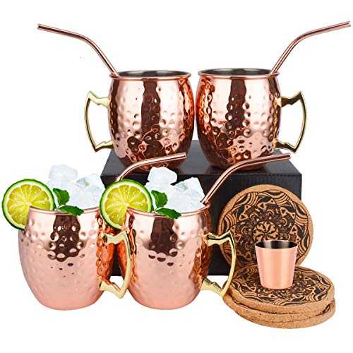 Moscow Mule Copper Mugs Set of 4 (Premier) Handcrafted Food Safe Copper Cups for Moscow Mule Cocktail, 16 oz Gift Set with Bonus 1 Shot Glass 4 Straws and 4 Coasters