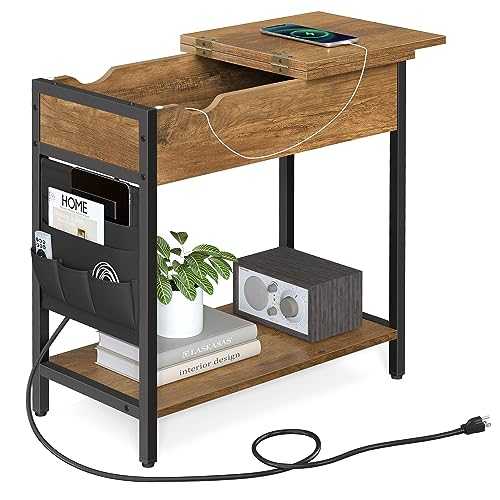 VASAGLE Side Table with Storage, End Table with USB Ports and Outlets, Nightstand with Charging Station, Fabric Bags, for Living Room, Bedroom, Rustic Walnut and Black ULET310B41, 23.6 x 12.4 x 23.6