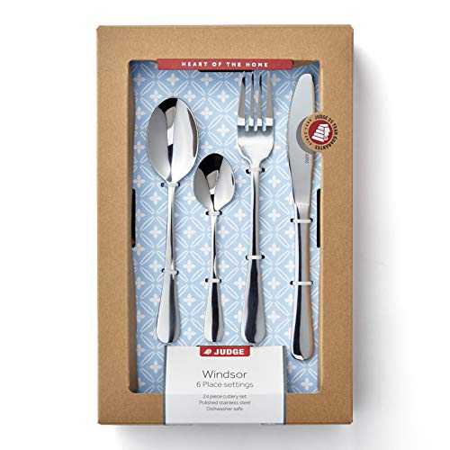 Judge Windsor BF50 24 Piece 18/10 Stainless Steel Cutlery Set for 6 People, Knife, Fork, Spoon and Teaspoon, 25 Year Guarantee