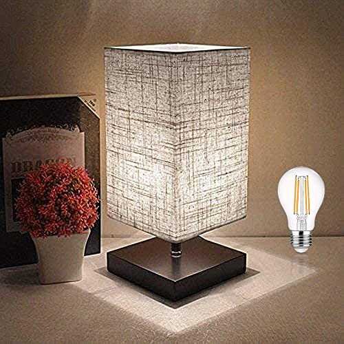 YYOJ LED Fabric Bedside Table Lamp, Square Minimalist Solid Wood