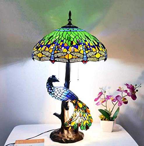 Tiffany Style 5-Lights Dragonfly Table Lamp Vintage Handmade Stained Glass Desk Lamp with Peacock Base for Living Room Bedroom Cafe Bar,Green