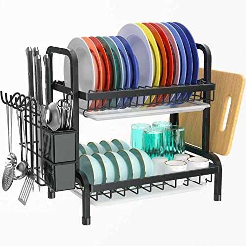 Stainless Steel 2 Tier Dish Drainer Drying Rack Kitchen Draining Board With Drip Tray Swan Dish Drainers Large Dishes Racks Smhouse Rust Proof Plates Sink Washing Up Rack (black)