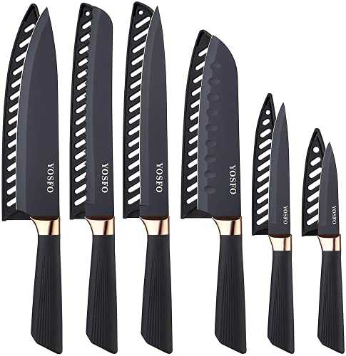 Kitchen Knife Set with Sheath, 6 Piece Stainless Steel Chef Knives Set, Includes 20cm Chef Knife, 20cm Bread Knife, 18cm Santoku Knife, 13cm Utility, 20cm Carving Knife, and 9cm Paring Knife (Black)