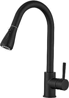 Heable Kitchen Sink Mixer Tap with Pull Down Sprayer Matte Black, Single Handle High Arc Pull Out Kitchen Taps, Single Level Solid Brass Kitchen Faucet with UK Standard Fittings