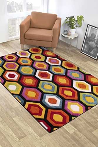 Quality Handcarved Geometric Design Rainbow Multi Coloured Rug in Various sizes Carpet (120x170cm (4'x5'6''), Waltz Multi)