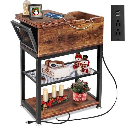 Side Table Living Room with Side Opening and Flip Top,12" D x 24" W x 28" H,Narrow End Table Rustic End Tables with USB Ports and Outlets, Narrow Side Table