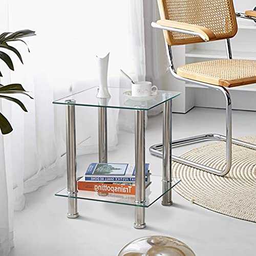 GOLDFAN 2-Tier Small Glass Coffee Table Corner Side End Table with Clear Glass and Stainless Steel Legs Living Room, Transparent