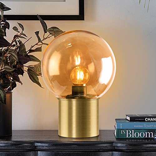 MJ PREMIER Battery Table Lamp, Glass Battery Powered Lamp, Metallic Cordless Table Lamp, Brass-Plated Base, Globe Lamp for Living Room, Mid Century Modern Age, Rare Look Night Light/Bedroom/ Gifts