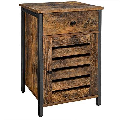 VASAGLE Nightstand with Drawer, End Table with Storage, Shutter Door, Side Table for Bedroom, Living Room, Metal Frame, Industrial Style, Rustic Brown and Black LET063B01