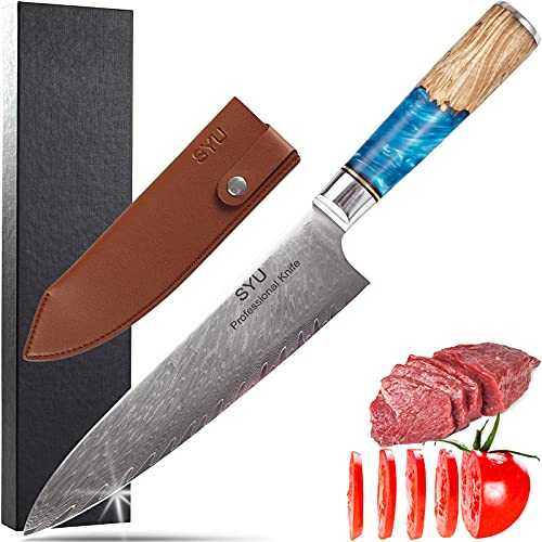 Damascus Chef Knife, 8 Inch Professional Kitchen Knife with Sheath 67 Layers VG-10 Hardness 60±2 HRC Japanese Damascus Steel Ultra Sharp Blade with Ergonomic Blue Resin Handle for Home and Restaurant