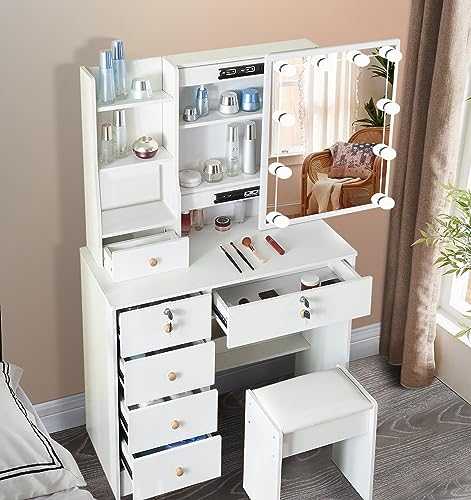 Modern Dressing Table with LED Lights, Makeup Vanity Table with Adjustable Brightness Mirror, 5 Drawers and Open shelves for Bedroom (Modern T08)