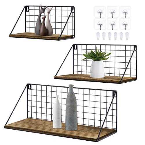 Firbon Floating Shelves Wall Mounted Set of 3, Rustic Metal Wire Grid and Wood Storage Shelves Sturdy Display Racks Home Decoration for Living Room, Office, Bedroom, Bathroom, Kitchen (Black)