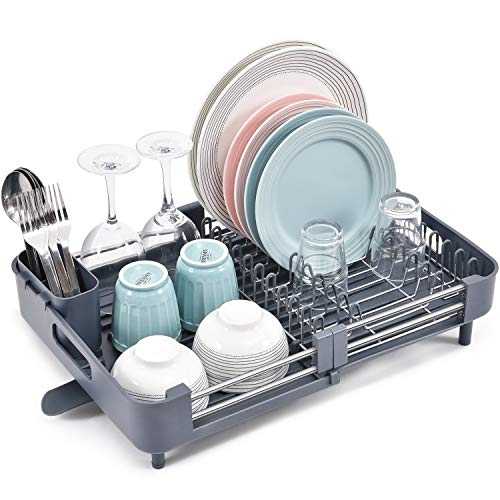 Kingrack Expandable Dish Rack,Foldable Stainless Steel Dish Drainers with Removable Cutlery Holder & Non-Scratch Plate Rack, Adjustable Dish Drying Rack with Swivel Drainage Spout, Grey WK810172-6