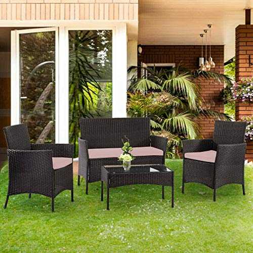 BARGAINSGALORE 4PC GARDEN RATTAN BLACK FURNITURE SET PATIO GLASS TABLE CHAIR SOFA RELAX OUTDOOR