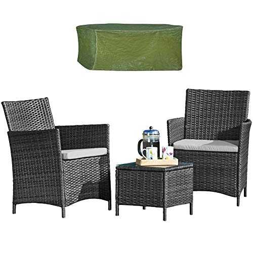 Thompson & Morgan Garden Bistro Set with Cover Rattan Furniture Outdoor Table & Chairs with Machine Washable Cushions (Grey)