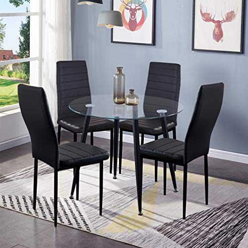 GOLDFAN Round Glass Dining Table and Chairs Set 4 High Gloss Kitchen Table with High Back PU Leather Chairs, All Black