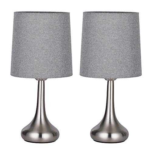 Table Lamp - Modern Bedside Table Lamps Set of 2, Small Desk Lamp Set with Fabric Shade for Bedroom, Living Room, Girls Room, Office - Gray