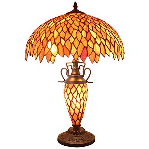 Tiffany Style Table Lamp W16H24 Inch Red Stained Glass Wisteria Lampshade Antique Night Lighting Base S523R WERFACTORY Lamps Lover Living Room Bedroom Office Study Reading Desk Nightstand Art Gifts