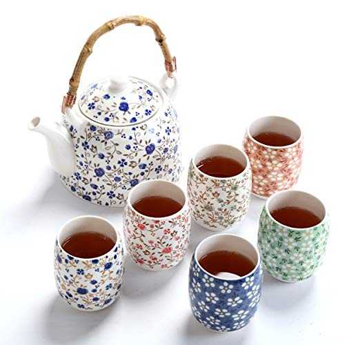 fanquare Vintage Floral Porcelain Tea Set, Handmade Chinese Ceramic Kungfu Tea Set, 1 Teapot and 6 Tea Cups