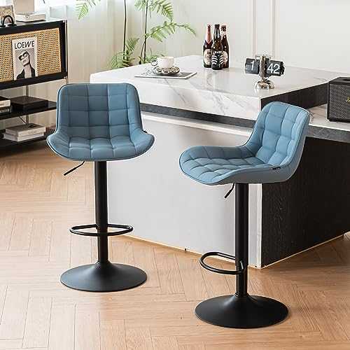 YOUTASTE Blue Bar Stool Set of 2 Comfort PU Leather Breakfast Barstool with Backs Luxury Metal Adjustable Height Bar Chair for Kitchen Counter Island