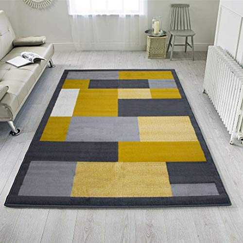 Grey Ochre Transitional Geometric Rug Soft Yellow Block Affordable Living Room Area Bedroom Hallway Rugs