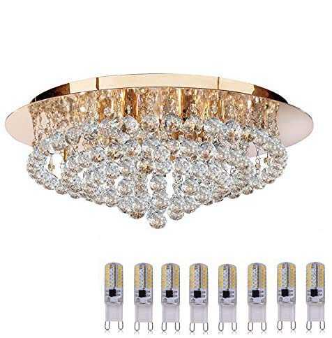 Modern 8 Light Crystal Flush Light with Gold Polished Brass Backplate and 8 X 3W Bright LED Lamps 3408-8GO LED. Energy Saving Version