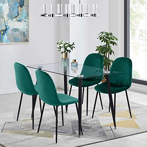 GOLDFAN Dining Table and 4 Chairs Metal Rectangular Glass Kitchen Table and Velvet Chairs Dining Table Set, 120cm, Green