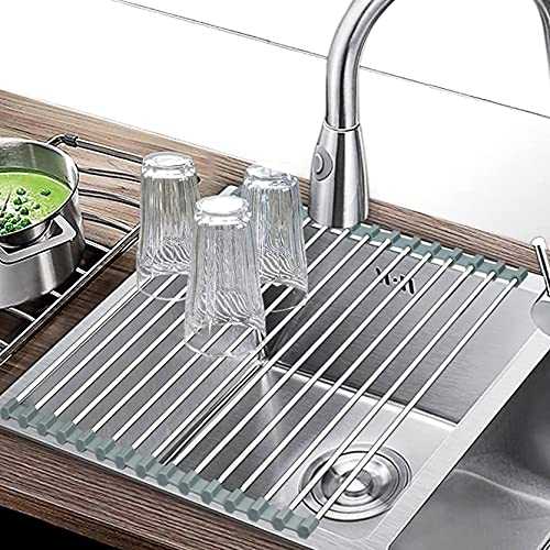 Xgunion Roll-up Dish Drying Rack Over Sink (17.8" x 11.8") 304 Stainless Steel Foldable Sink Dish Drainer Racks for Kitchen Sink Counter