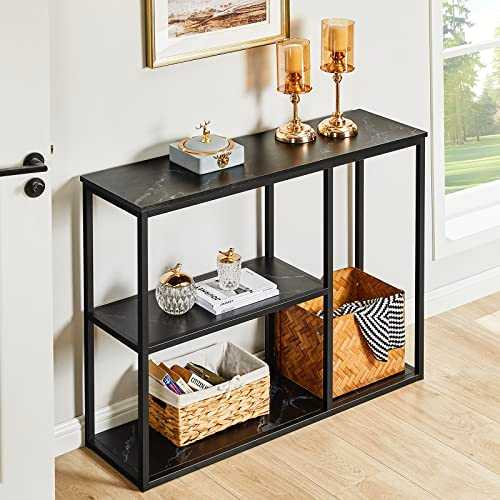 WOHOMO Console Table, 12'' Narrow Entryway Table for Living Room, 40'' x 32'' Black Marble Industrial Sofa Table with 3-Tier Storage Shelves for Corridor, Hallway, Black Marble