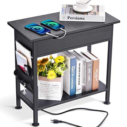 TOOLF Side Table, End Table with Charging Station, 2 USB Ports and 2 Outlets Sofa Side Table, Nightstand with Storage Bags for Home, Living Room, Bedroom, Office, Black