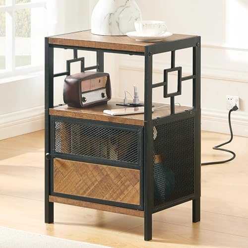 MNEETRUNG End Table with Charging Station, Industrial Side Table with USB Ports and Outlets, Bedside Tables with Door, 3-Tier Nightstand for Small Spaces, Sturdy, for Living Room, Bedroom, Brown