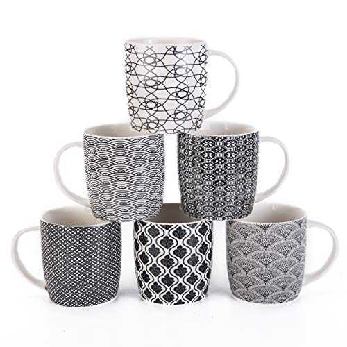Set of 6 Coffee Mugs 340 ML/11.5 oz with Black and White Geometric Patterns, Ceramic Tea Cup Set 6 Pack (Black Mug Set of 6)