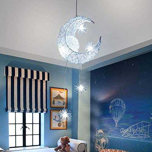 ALLOMN LED Pendant Lamp, Ceiling Light Fairy Lamp Moon and Stars Pendant Lamp Bedroom Chandelier Great Gift for Child Friend (Cold White)