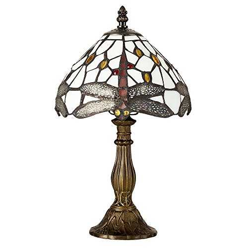 Tiffany Style Antique Brassed Effect Base, Green and White Stained Glass and Jewelled Dragonfly Design Table Lamp